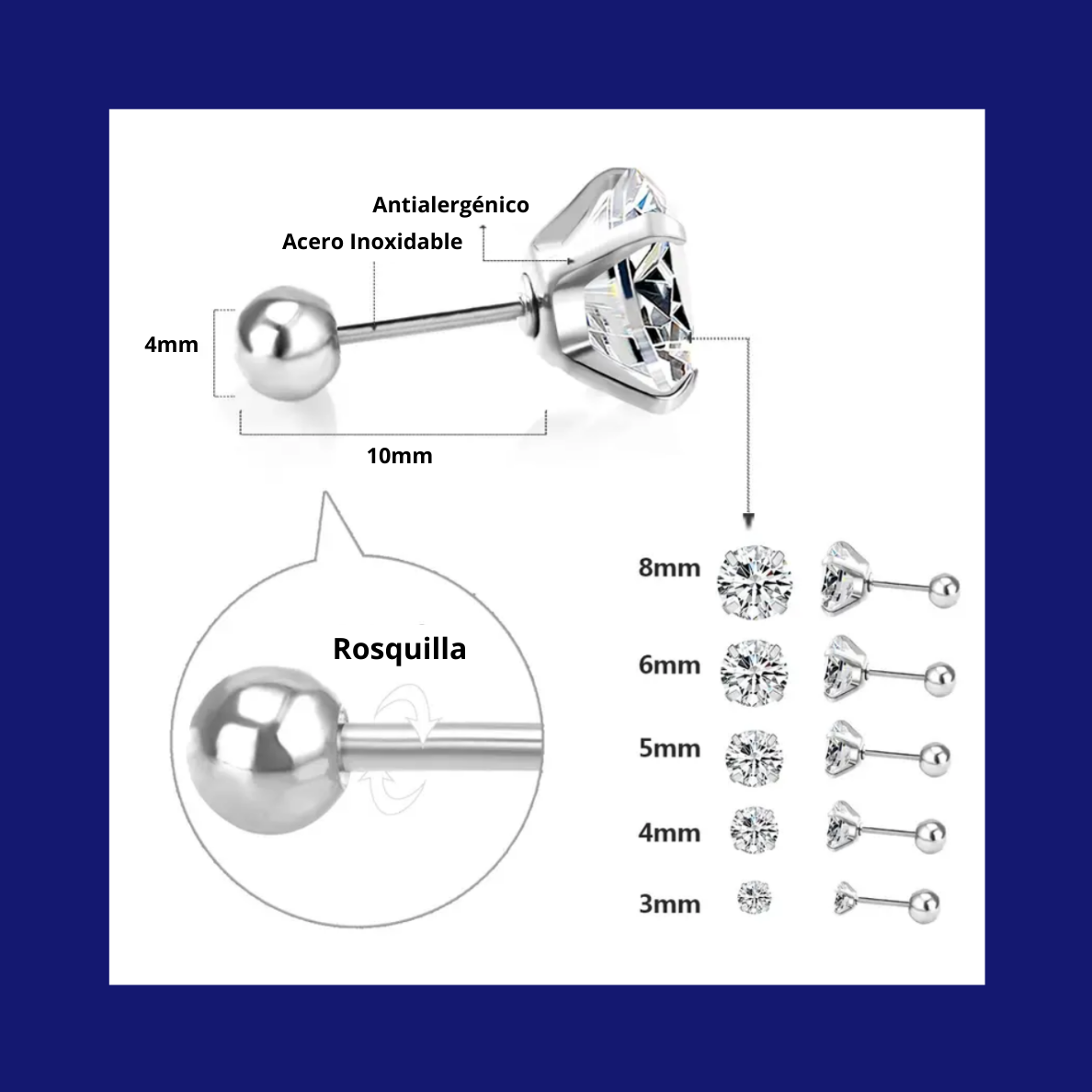 Arete Zirconia tamaño 2mm a 8mm en Acero Inoxidable mariposa redonda