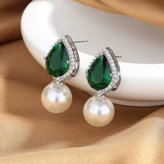Aretes para fiesta de Zirconia Esmeralda y Perla